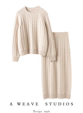 与生俱来气质感~加厚100%纯山羊绒衫女圆领羊绒毛衣半身裙子套装