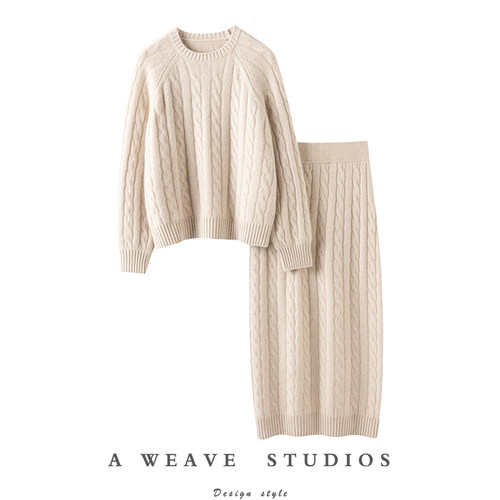 与生俱来气质感~加厚100%纯山羊绒衫女圆领羊绒毛衣半身裙子套装