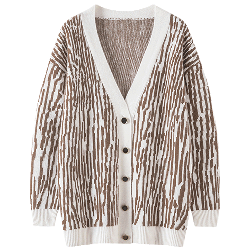 不同凡响！斑马纹加厚羊绒开衫女中长款纯羊绒毛衣针织开衫外套