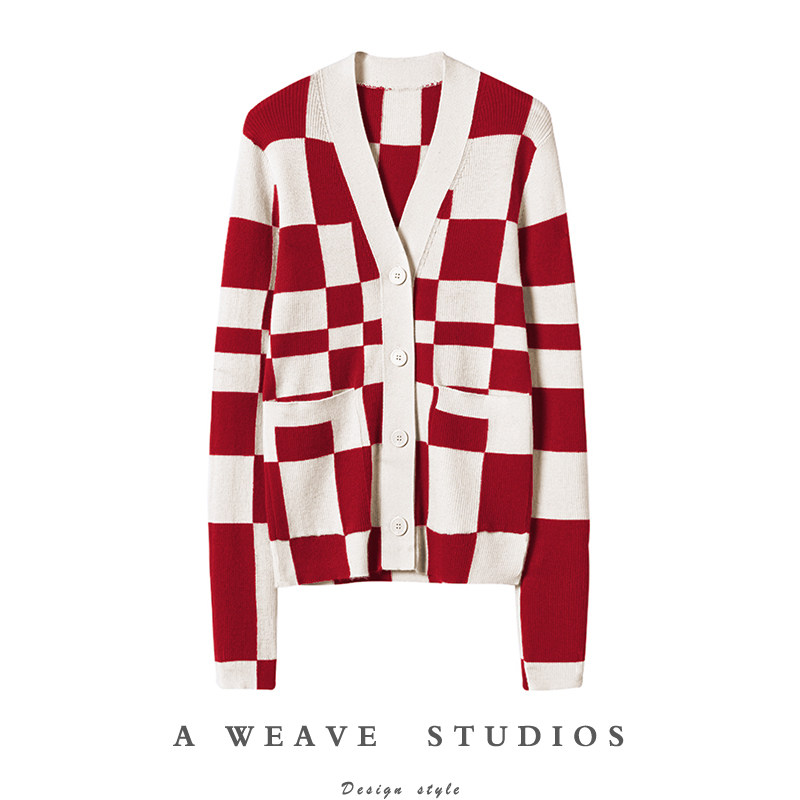 飒！也太好看了棋盘格100%纯山羊绒外套女2024春新款毛衣开衫女,女装/女士精品,羊绒衫,淘宝优惠券,粉丝福利购,淘宝优惠卷