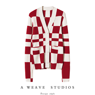 女 毛衣开衫 飒 也太好看了棋盘格100%纯山羊绒外套女2024春新款