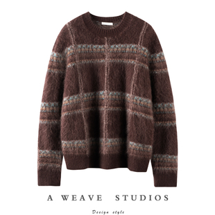 开衫 穿过秒爱 高端纯羊绒拉毛复古格纹氛围感艺术提花圆领毛衣