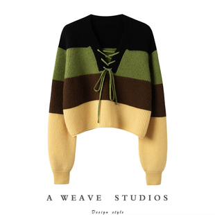 撞色条纹设计~纯羊绒毛衣女2024秋冬新款宽松慵懒系带V领短款上衣