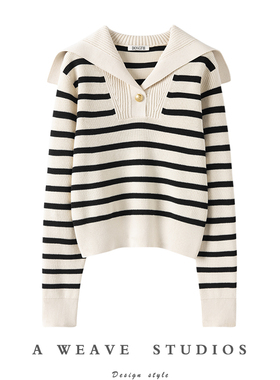 上身气质大方！100%纯羊绒上衣女2024新款海军领条纹羊绒针织衫