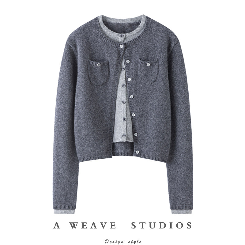 实力百搭款~圆领假两件撞色开衫纯山羊绒新款简约设计感针织外套,女装/女士精品,羊绒衫,淘宝优惠券,粉丝福利购,淘宝优惠卷