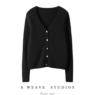 羊绒毛衣女针织开衫 女V领坑条短款 小外套 纯羊绒开衫 小知性别致