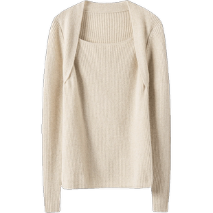 宛然如斯~显瘦方领坑条羊绒衫女圆领纯羊绒毛衣针织打底衫秋冬