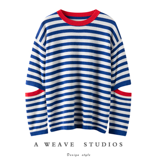 女圆领纯羊绒毛衣宽松针织衫 开口条纹羊绒衫 袖 出乎意料好穿