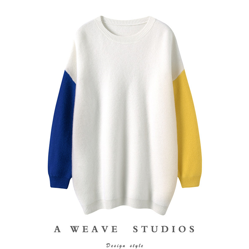 美呆了！减龄撞色袖宽松休闲羊绒毛衣女2024秋冬纯山羊绒衫女加厚,女装/女士精品,羊绒衫,淘宝优惠券,粉丝福利购,淘宝优惠卷