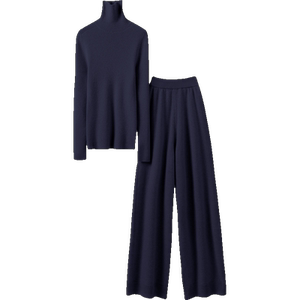 好穿气质到爆！高领羊绒衫女纯羊绒毛衣直筒阔腿裤子藏青羊绒套装