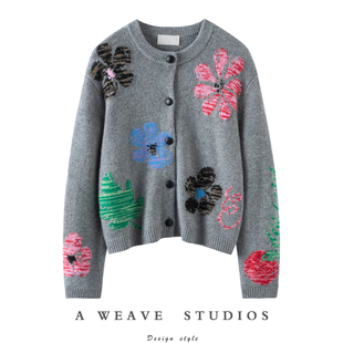 女灰色厚款 冬凤凰圆领提花针织外套24冬新品 小花花纯羊绒开衫