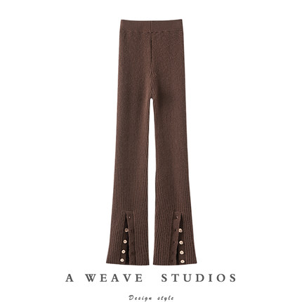 高颜值爱了！后排扣修身坑条羊绒裤子女外穿显瘦百搭针织裤子秋冬