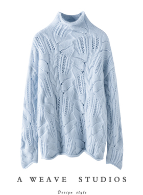 温婉时髦气质~100%纯山羊绒衫女镂空秋冬半高领时尚纯色针织衫