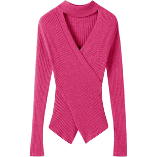 高品质法宝~不规则交叉V领挂脖羊绒针织衫女修身纯羊绒打底衫