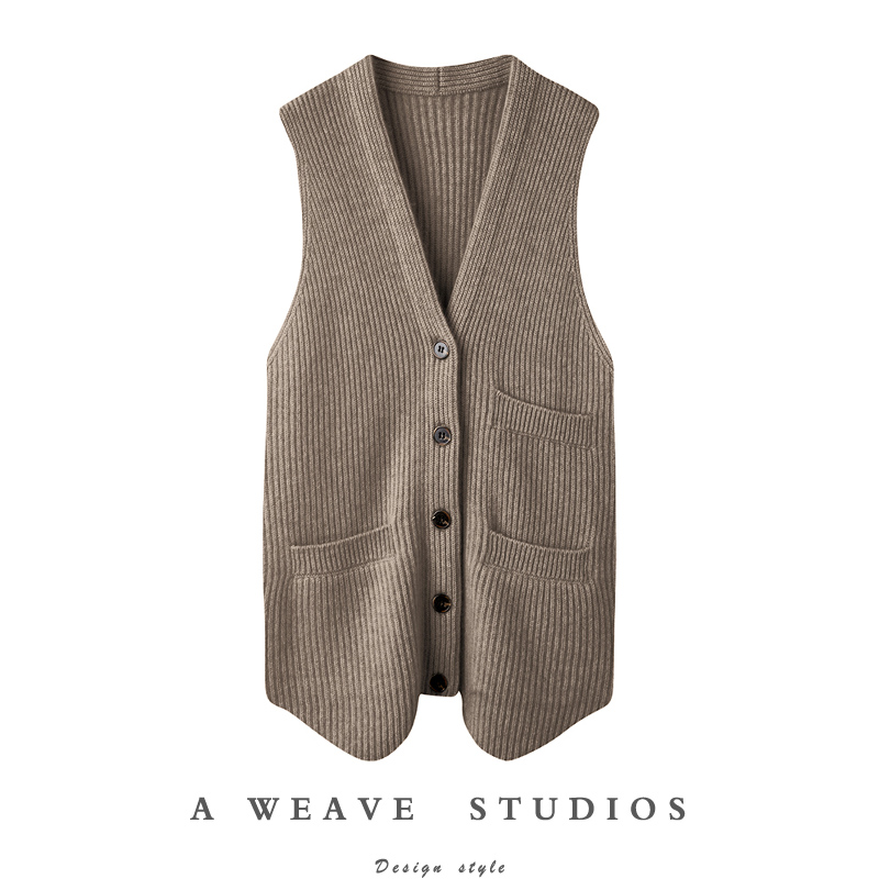 气质美得飞起~坑条V领羊绒马甲背心女纯羊绒衫毛衣加厚坎肩秋冬