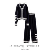 2024新款 冬凤凰 密织阔腿裤 羊绒套装 绒 藏青色爱心提花V领开衫