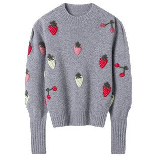 冬凤凰派对时刻!纯手工钩花草莓半高领羊绒衫女羊绒毛衣秋冬加厚