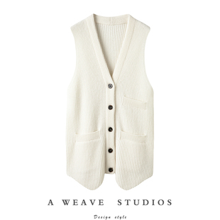 心生喜欢 毛衣马甲坎肩秋冬加厚外套 坑条V领羊绒背心女纯羊绒开衫