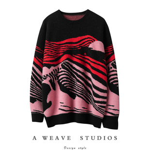 眼前一亮！复古酒红抽象提花廓形密织毛衣短裤纯山羊绒套装2024冬