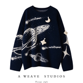 新年星空系列 立体手工挂件100%纯山羊绒衫 女针织印花毛衣宽松