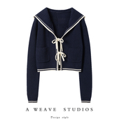 随性腔调 毛衣 短款 海魂少女海军领蝴蝶结纯羊绒开衫 2024春新款