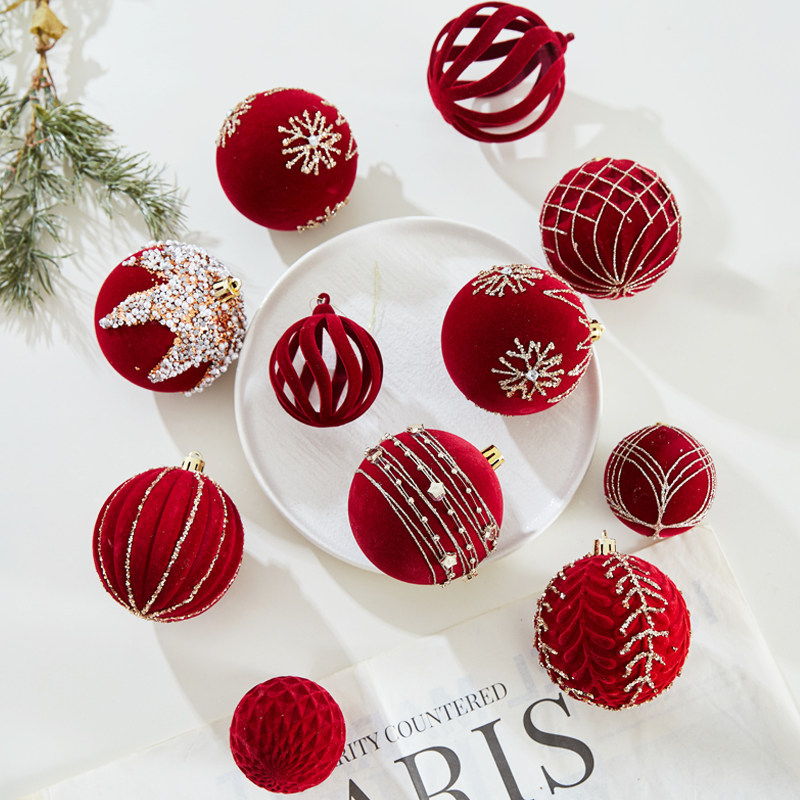 圣诞节新款红色植绒圣诞球装饰挂件酒店商场橱窗氛围装扮吊球挂饰