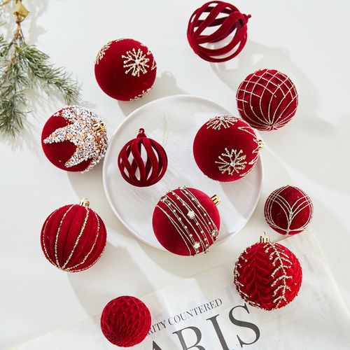 圣诞节新款红色植绒圣诞球装饰挂件酒店商场橱窗氛围装扮吊球挂饰