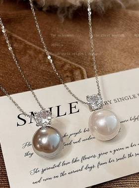单颗灰色珍珠锆石吊坠项链女2025新款爆款小众毛衣链简约颈链配饰