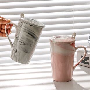 创意陶瓷杯子大理石马克杯带盖勺简约风咖啡杯大容量情侣喝水杯