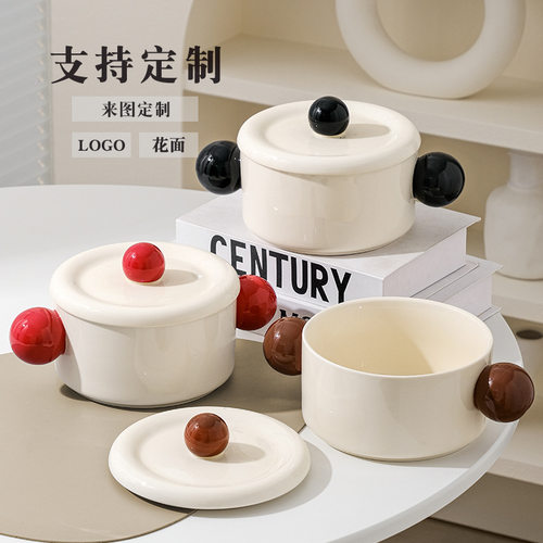 Wind ceramic big soup bowl with two ears, household soup bo