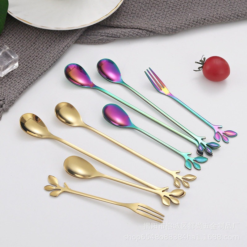 不锈钢树叶勺叉刀创意咖啡勺燕窝甜品勺金色礼品小勺蛋糕月饼刀叉