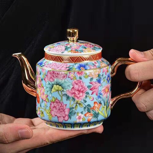 Enamel ceramic teapot with tea set, Kung Fu powder gold bas