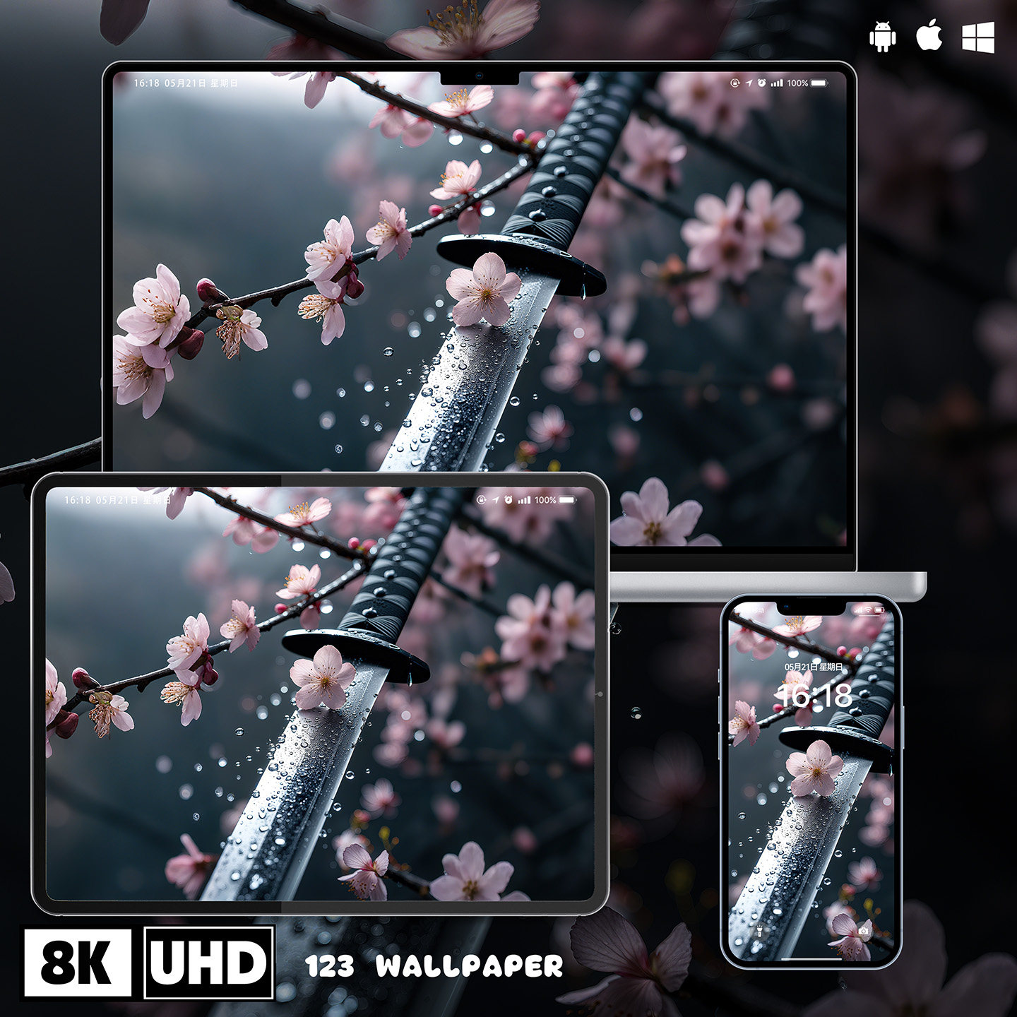 雨落樱刀日式武士刀樱花水滴意境手机壁纸8K苹果壁纸电脑壁纸ipad