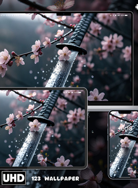 雨落樱刀日式武士刀樱花水滴意境手机壁纸8K苹果壁纸电脑壁纸ipad