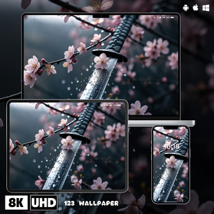 雨落樱刀日式 武士刀樱花水滴意境手机壁纸8K苹果壁纸电脑壁纸ipad