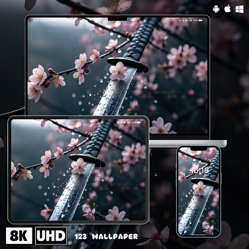雨落樱刀日式武士刀樱花水滴意境手机壁纸8K苹果壁纸电脑壁纸ipad