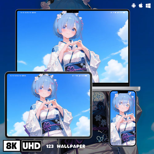RE0蕾姆和服插画8K超清壁纸iphone苹果安卓手机电脑ipad平板壁纸