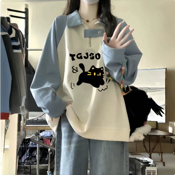 秋装加绒Polo领女学生宽松卫衣