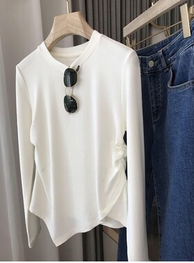 小众潮牌2024春季新款内搭长袖T恤上衣圆领不规则打底衫女