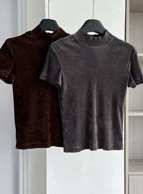 高级感丝绒上衣女装2025新款气质独特百搭圆领正肩短袖T恤打底衫