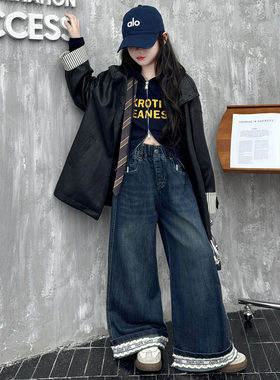 欧抱抱女童皮衣2026年春季新款中大童条纹拼接夹克衫中长款风衣外