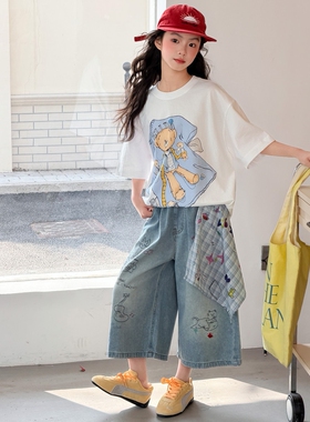 欧抱抱女童短袖T恤套装夏季2026新款儿童洋气时髦女大童牛仔阔腿