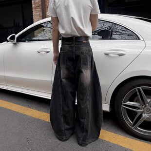 美式复古高街水洗黑色弯刀牛仔裤男款阔腿宽拖地松垂感休闲长裤子