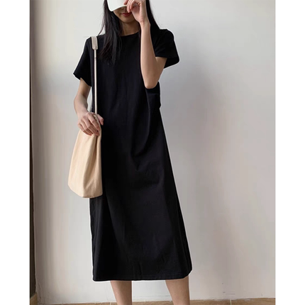 韩版开叉小个子连衣裙女高级感黑色裙子2025新款夏季宽松大码长裙