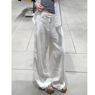 休闲裤 白色亚麻苎麻阔腿裤 高腰显瘦老钱风直筒棉麻西装 女夏季 薄款