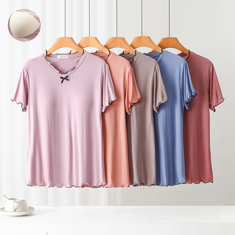 莫代尔带胸垫睡衣t恤女夏季家居服短袖薄款纯色休闲免穿文胸上衣