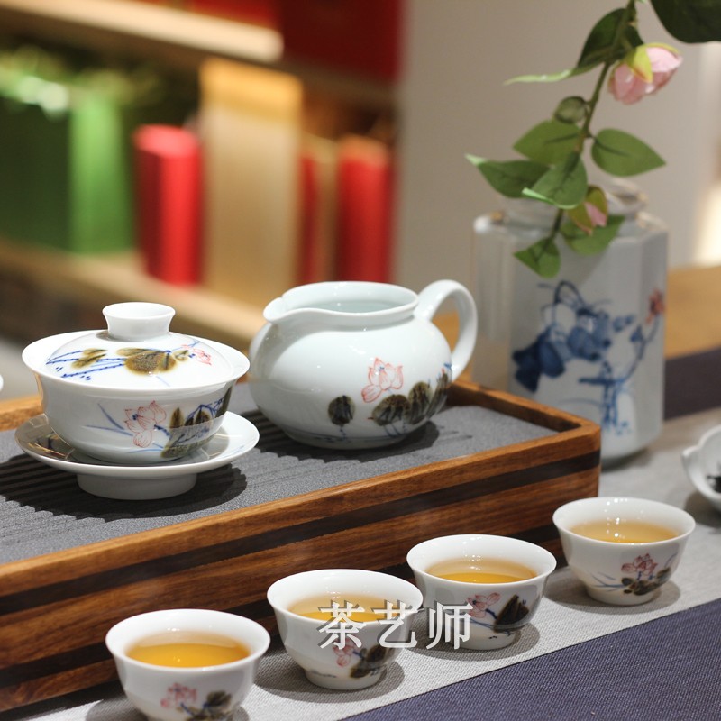 京德茶器贵和祥手绘窑变莲花盖碗功夫茶具礼盒整套组景德镇釉下彩