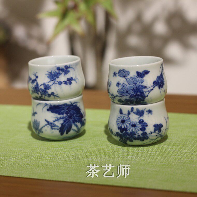 早期已停产京德珍藏青花瓷手绘高端四季花卉茶杯组贵和祥功夫茶具