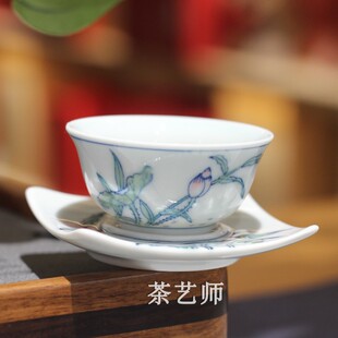 早期贵和祥正品手绘釉下彩中式复古手绘彩荷杯托单杯品茗主人茶杯