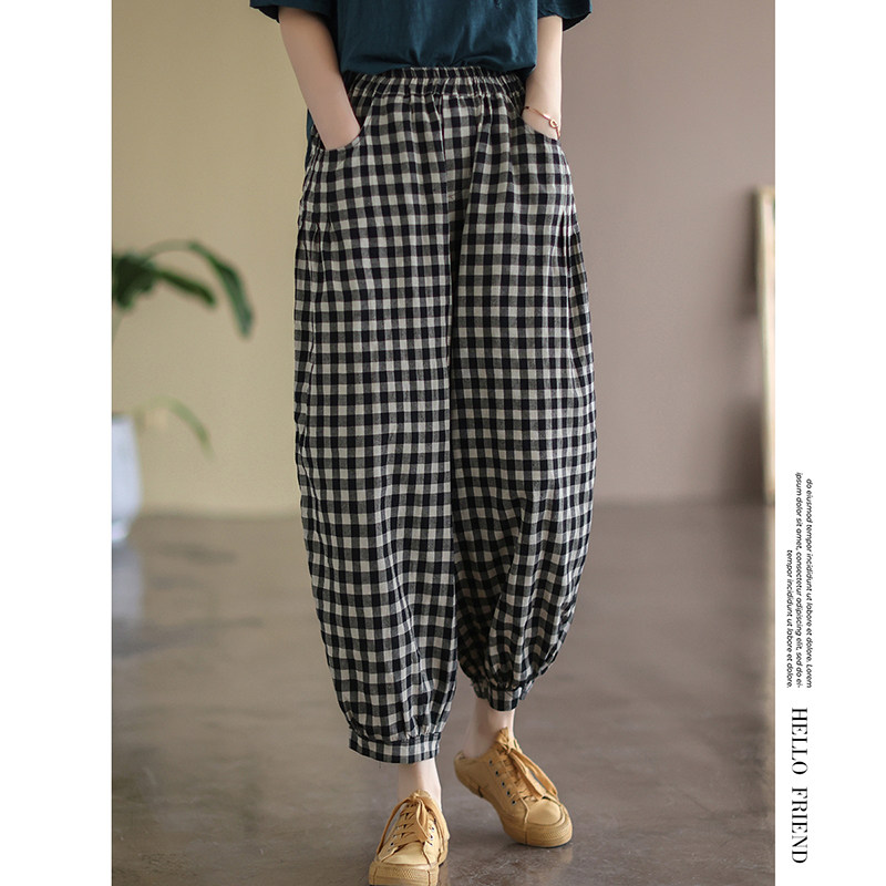 SUMMER 2023 NEW VINTAGE PLUS SIZE PLAID BLOOMERS WOMENS ELASTICATED WAIST SLIM VERSATILE CASUAL PANTS CROPPED PANTS